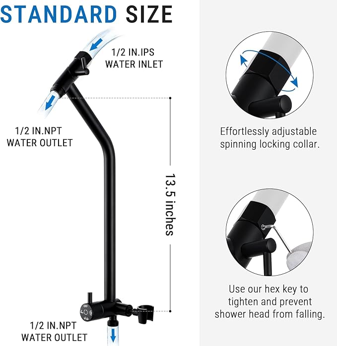 G-Promise All Metal Shower Diverter with Low Holder, Extended 13.5 Inch, 3-Way Diverter Valve with Pause Mode for Handheld and Fixed Shower Heads ∣ 4-Setting Replacement Part (Matte Black)