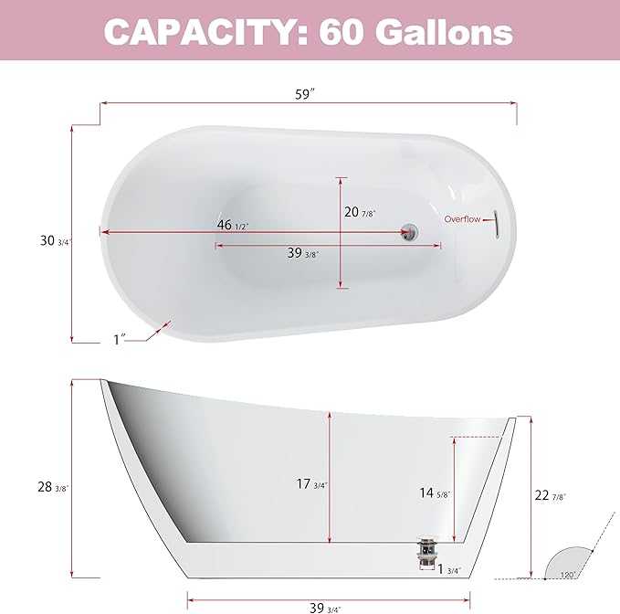 ABRUZZO 59"x27.56" Acrylic Freestanding Bathtub Contemporary Soaking Tub with Chrome Overflow and Drain High-Gloss White Finish cUPC Certified