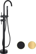 Freestanding Tub Faucet - Matte Black Floor Mounted, 360 Degree Swivel Gooseneck Filler with Hand Shower Mixer Tap. SE-3001-BK