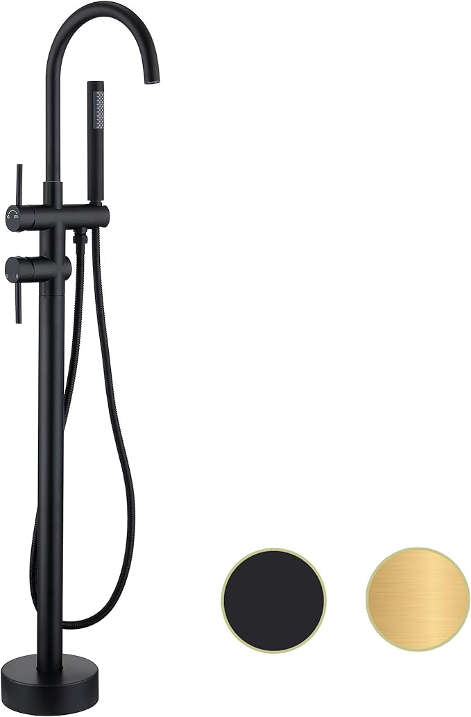 Freestanding Tub Faucet - Matte Black Floor Mounted, 360 Degree Swivel Gooseneck Filler with Hand Shower Mixer Tap. SE-3001-BK
