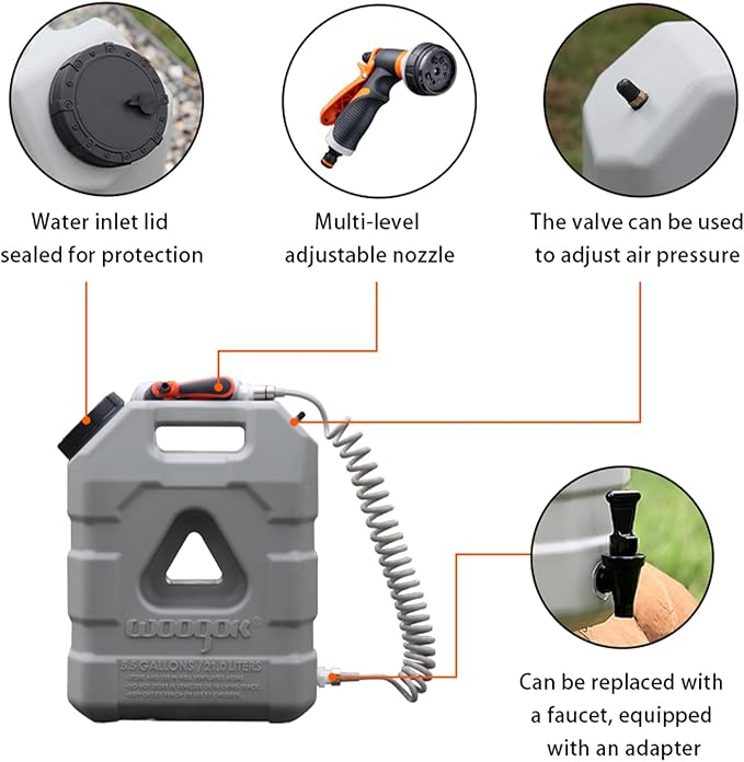 5.5Gallon/ 21L Portable Water Containers with Pump and 8 Modes Sprayer, Pressurized Water Container for Camping Shower, Off Road Shower, Outdoor Hiking, Picnic, Ideal Camping Essentials