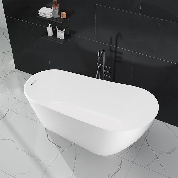 59 in Acrylic Freestanding Bathtub, Contemporary Stand Alone Tub,Glossy White Soaking Tub, with Chrome Overflow and Drain, CUPC Certified