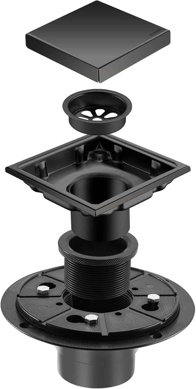 Hidden Brushed Square Shower Floor Drain, Black 4 inch, 304 Stainless Steel, with Flange, Detachable Cover Embedded in Ceramic Tiles