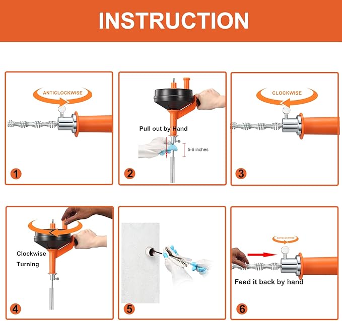 Drain Auger, Clog Remover with Drill Adapter, 25 Feet Flexible Plumbing Snake Use Manually or Powered for Kitchen, Bathroom and Shower Sink, Comes with Gloves (blue)