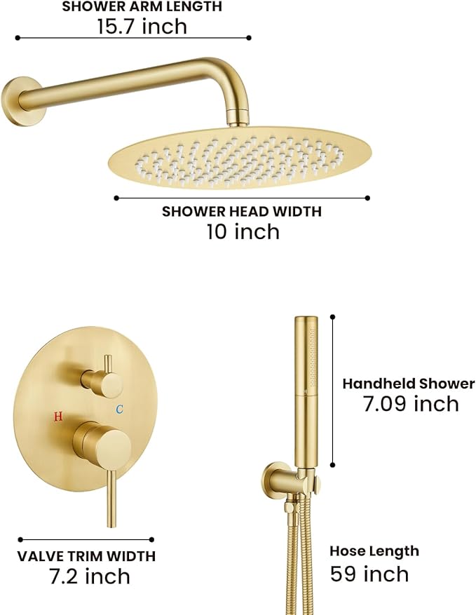 Airuida Shower Fixtures 2 Functions Shower Faucet Set Wall Mounted for Bathroom High Pressure Brass Handheld Shower with Rough-in Valve Round Rainfall 10 Inch Shower Head Brushed Gold