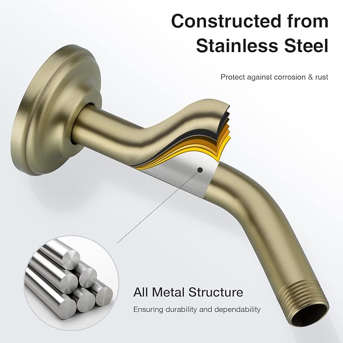 6 Inch Brushed Gold Angled Shower Arm with Flange, Stainless Steel Curved Shower Head Pipe Wall Mounted Extension Shower Neck Rain Rod