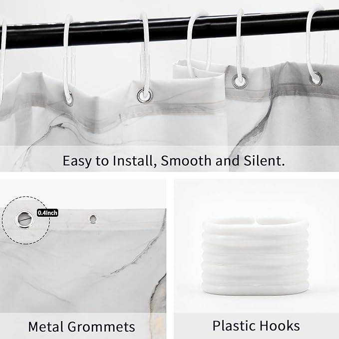 Gibelle Extra Long Shower Curtain 72 x 84, Tall Abstract Grey Marble Shower Curtain, Modern Ink Art Waterproof Fabric Shower Curtain Set with Hooks