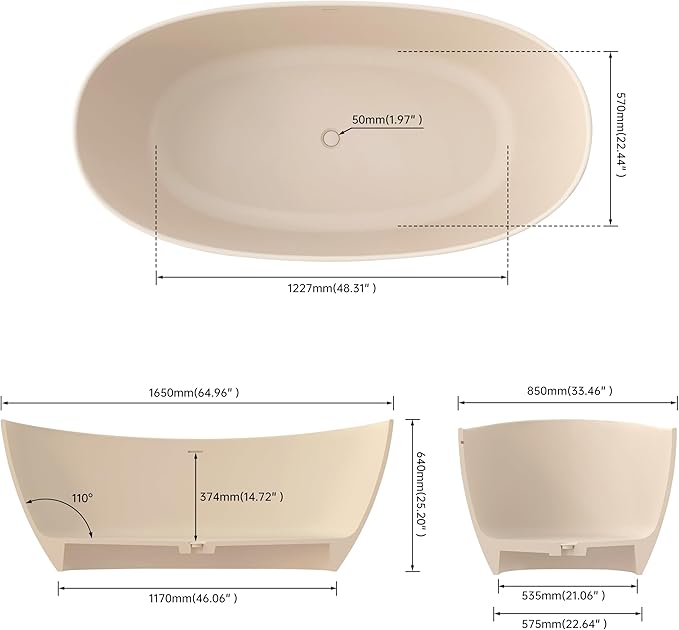 SJ STAR&JANE 65" Solid Surface Freestanding Bathtub Stone Resin Soaking Tub Milk Coffee Double Slippers Stand Alone Oval Tub with Pop-up Drain and Overflow for Bathroom