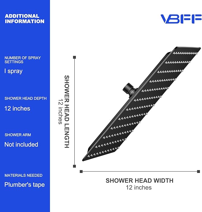 VBFF-Shower Head,rain shower head, 12 inch- Square Shower Head, 1.8 GPM Flow Rate, rainfall showerhead,VBFF09 (Matte Black)