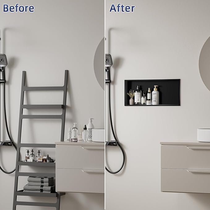 304 Stainless Steel Recessed Shelf,Over Mount Installation for Bathroom & Shower Wall,Waterproof (Black, 24 X 12 X 4 Inches)