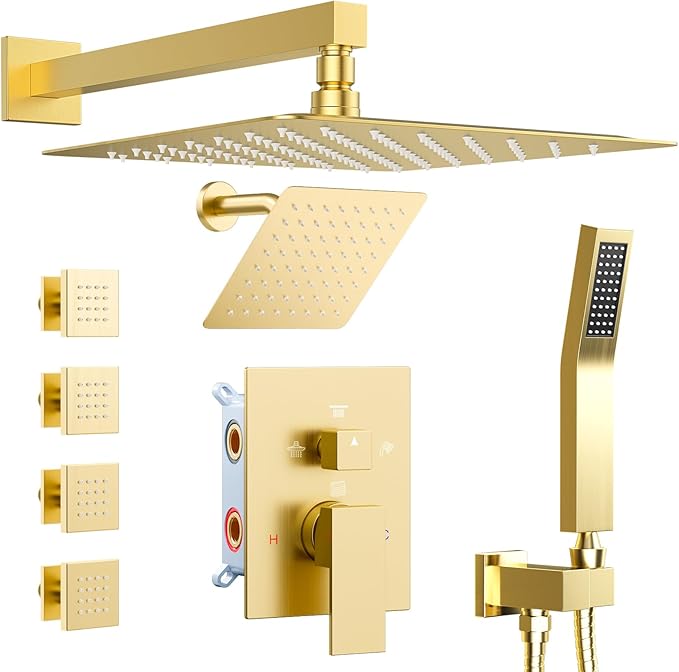 Shower Systems with 4 Body Spray Jets, STARBATH 4 Way 12+6" Rainfall Shower Head with Handheld Combo, Wall Mounted Shower Jets System in Wall Shower Faucet Sets Complete,Brushed Gold