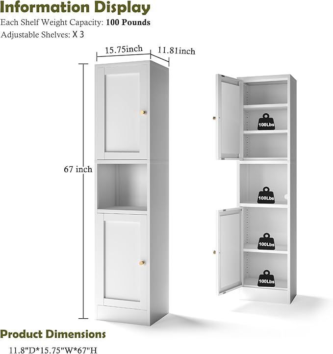 COFaR 67" Tall Metal Bathroom Storage Cabinet,6-Tier Freestanding Linen Tower with 2 Doors,Narrow Slim Metal Locker Storage Cabinet for Small Spaces,Modern,White