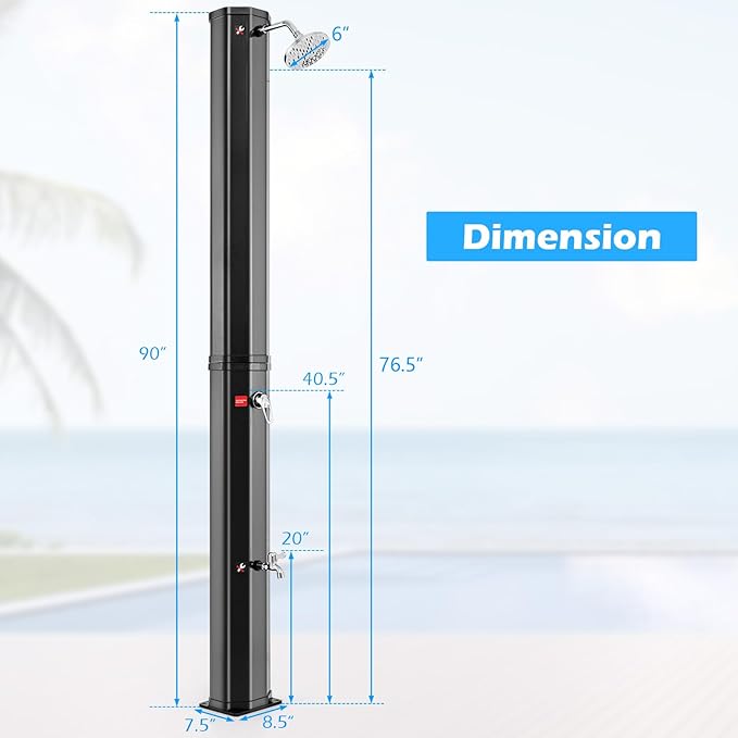 Goplus 15.9 Gallon Solar Heated Outdoor Shower, 7.5 FT Freestanding Outdoor Shower with Shower Head and Foot Shower Tap for Outdoor Backyard Poolside Beach Pool Garden, Black