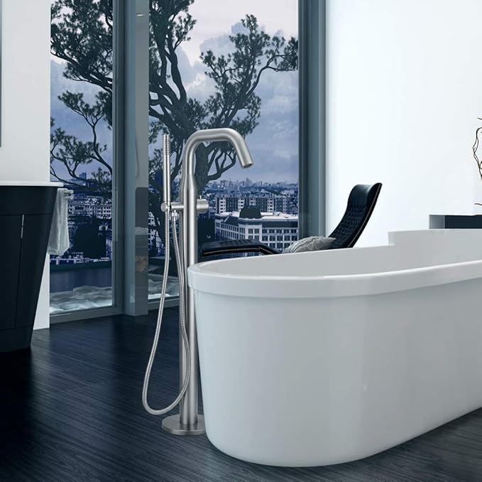 HEATGENE Bathtub Faucet Freestanding Tub Filler Single Handle Floor Mounted Faucets with Handheld Shower Mirror Polish