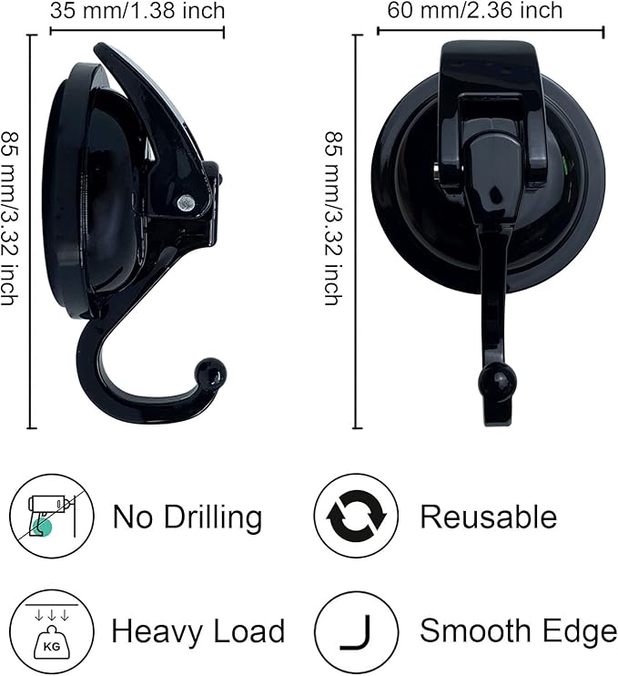 Heavy Duty Suction Cup Hooks for Shower, Bathroom Robe, Garland Decoration - Vacuum Glass Hooks, Reusable, No Hole Punched (Black, 4 Pack)