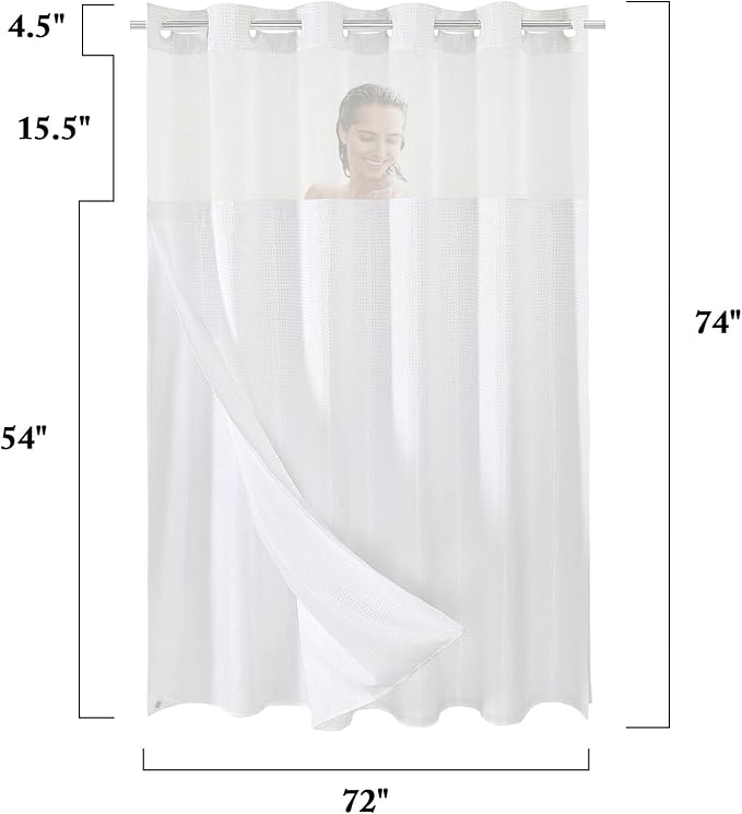 Gibelle No Hook Waffle Weave Shower Curtain with Snap-in Fabric Liner Set for Bathroom, Hotel Style with Mesh Top Window, Waterproof & Washable, White, 72x74