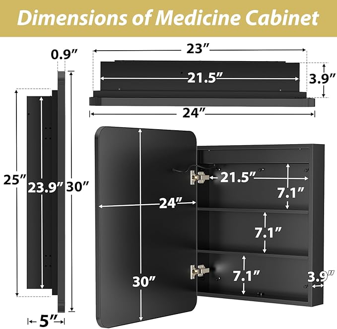 APRILSOUL 24X30 Inch Black Bathroom Medicine Cabinet with Mirror, Recessed or Surface Lighted Medicine Cabinet with 3 Colors Temperature, Dimmable Light