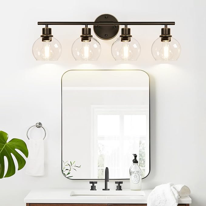 4-Light Bathroom Light Fixtures, Oil Rubbed Bronze Bathroom Lights Over Mirror with Clear Glass Globe Shade, Vanity Lights for Bathroom Kitchen Living Room Hallway Cabinet Bedroom Porch