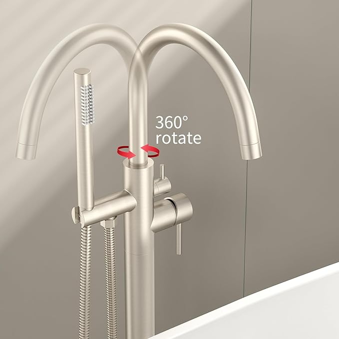 Freestanding Bathtub Faucet Waterfall Tub Filler Brushed Nickel Floor Mount Brass Single Handle Bathroom Faucets with Hand Shower (Brushed Nickel, Water in the side)