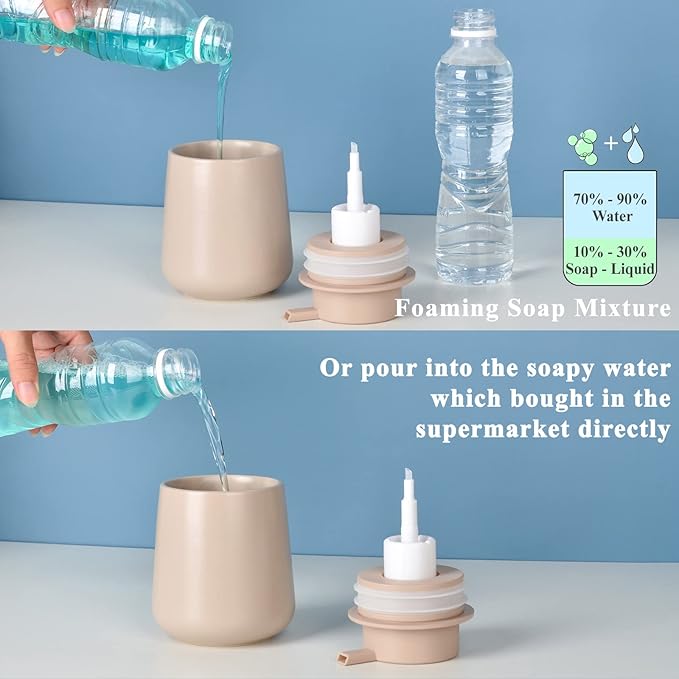 BosilunLife Foam Hand Soap Dispenser - 12 oz Bathroom Lotion Pump for Kitchen and Hand Wash - Khaki Ceramic Dish Liquid Dispenser