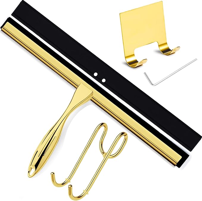 Shower Squeegee for Glass Doors, 14 Inches Bathroom Squeegee with Spare Silicone Blade, Shower Door Hook and Adhesive Hook, Stainless Steel Bathroom Squeegee for Mirror Window (14in-Gold-1 Pack)