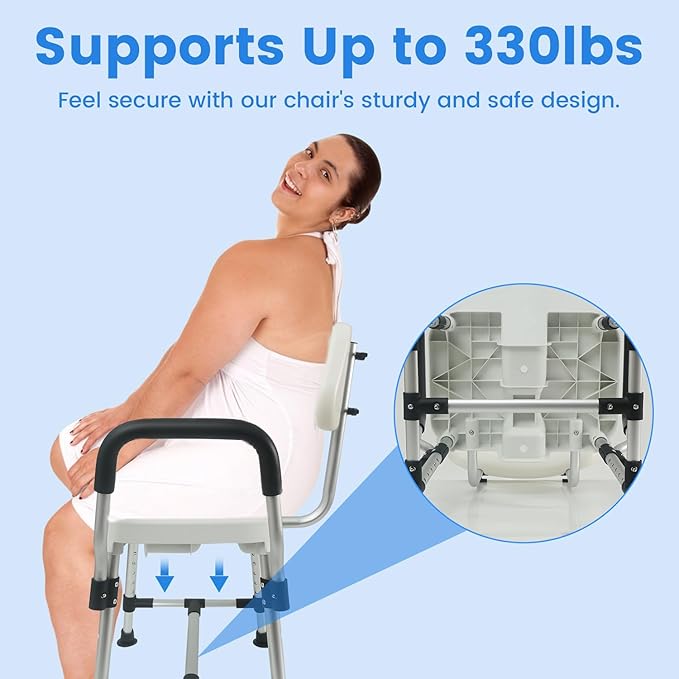U-Shaped Shower Chair for Inside Shower, Heavy Duty Triple-Bar Base Reinforcement, with Arm and Back for Elderly and Disabled, Adjustable Height, Effortless Personal Hygiene Access