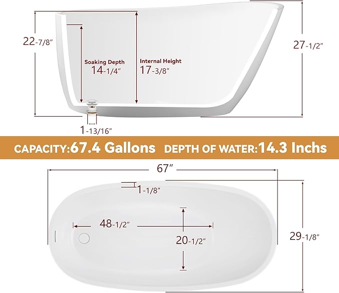 67" Free Standing Tub, Pure Acrylic Freestanding Bathtub, Stylish Stand Alone Tub, Contemporary Deep Soaking Bath Tub, cUPC Certified SY9970 (Glossy White)