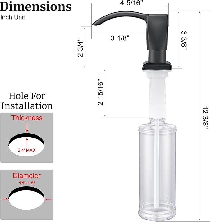Ultimate Unicorn Kitchen Sink Soap Dispenser, Built in Soap Dispenser for Kitchen Sink, Under Sink Soap Dispenser Matte Black, ABS Plastic, with 13 Ounce Soap Bottle, U-SD001B