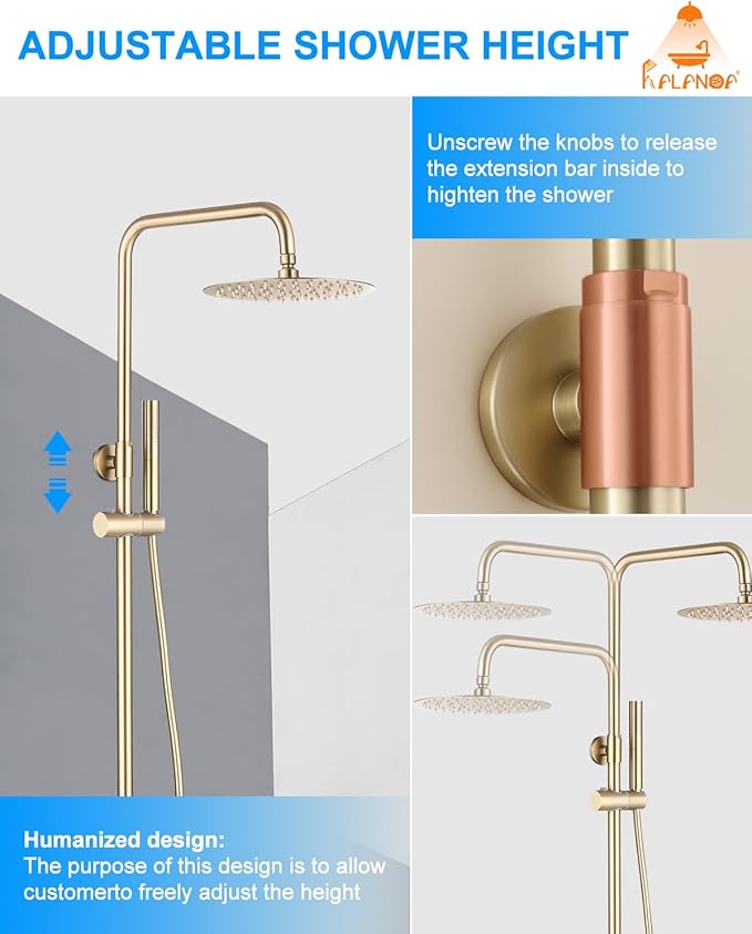 Outdoor Shower Fixture,3 Functions Handle Tub Rainfall Shower Faucet Sets with Dial Thermometer Brass Valve, Exposed Shower System with 10'' Rainfall Shower Head Adjustable (Brushed Gold)