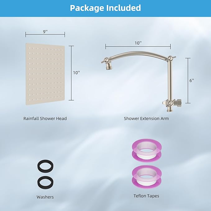 Hibbent All Metal cUPC Certified Rain Shower Head, 10'' High Pressure Rainfall Showerhead with 16" Shower Head Extension Arm, Brass Adjustable Shower Arm Extender, fixed Showerheads, Brushed Nickel