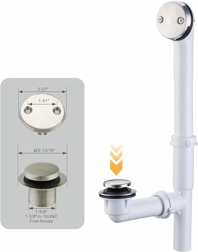 Brushed 1-1/2" Tubular Bath Drain Kit with Tip Toe Bathtub Drain Stopper, Wellup Tub Drain Kit Bath Waste and Overflow Cover, PVC Plastic Pipe for Standard Size Tubs, Brushed Nickel