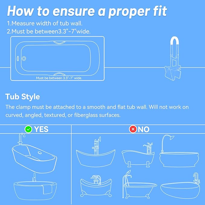Adjustable Bathtub Grab Bars for Seniors, Tub Handle Grab Bar for Elderly Bath Support, Bathtub Safety Rail, Height and Width Adjustable