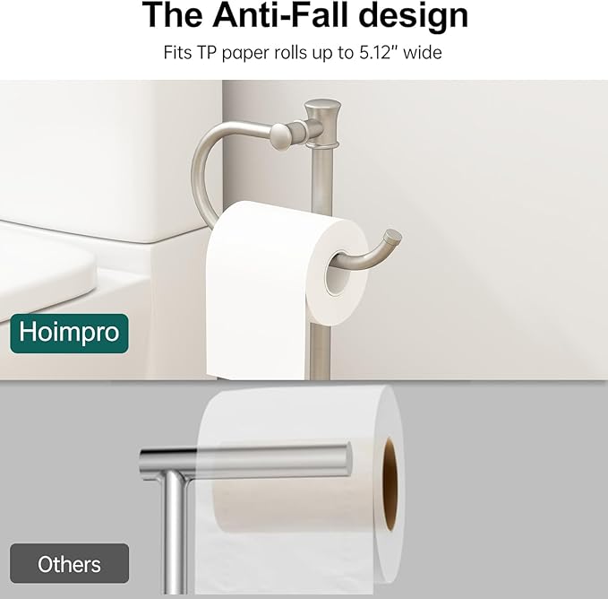 Hoimpro 25" Toilet Paper Holder Free Standing, Floor Bathroom Toilet Paper Tissue Roll Holder with Shelf Storage Stand for 4 Rolls, Freestanding Handle Hardware Accessories Rack Brushed Nickel