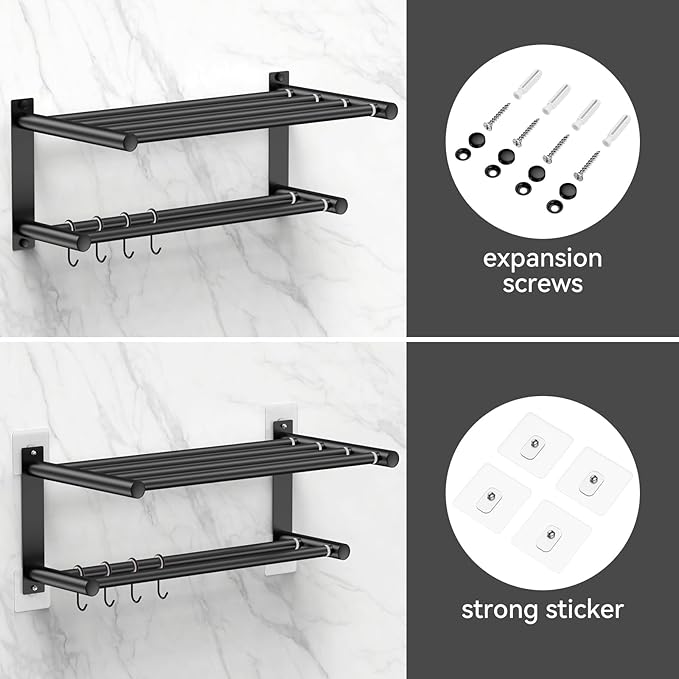 Black Adjustable Black Towel Bar for Bathroom Wall Mount17-30.7inch Adhesive Shower Towel Rack Stainless Steel Bath Towel Holders for Toilet Kitchen Double Towel Hanger