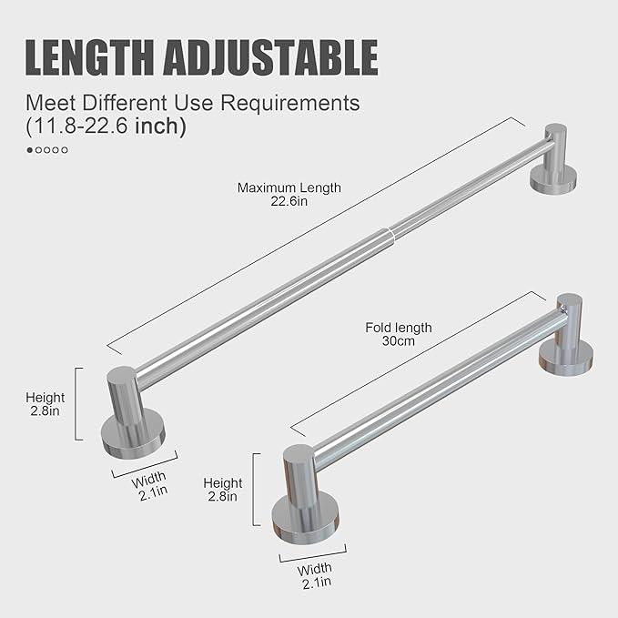 Towel Bar - Adjustable 304 Stainless Steel Towel Holder for Bathroom (11.8inch-22.6inch) Sturdy and Rustproof Wall Mounted Towel Rack for Bathroom Accessories, Polished Silver…
