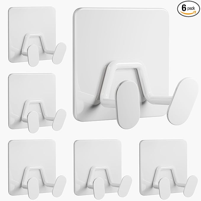 Adhesive Shower Hooks for Bathroom - Extra Sticky Stainless, Wall Hooks for Hanging Towel, Razor, Loofah, Robe, Coat, Heavy Duty Hanger for Kitchen, Bedroom, Door, Metal, Matt White, 6 Pack