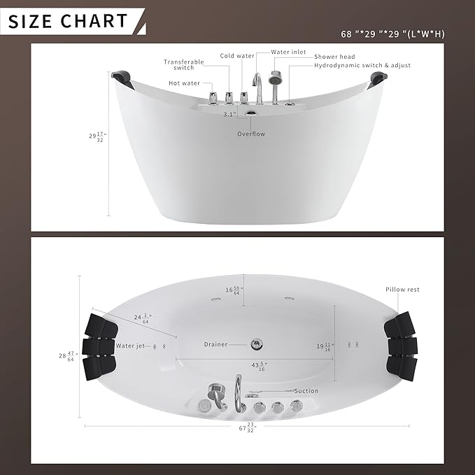 Empava 67" Freestanding Whirlpool Bathtub Oval with 8 Hydromassage Adjustable Water Jets Luxury Acrylic Massage SPA Soaking Bath Tub in White Double Ended