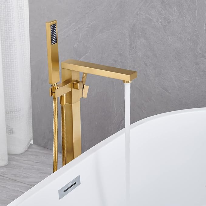 Freestanding Bathtub Faucet Tub Filler Brushed Gold Floor Mount Bathroom Faucets Brass Single Handle with Hand Shower