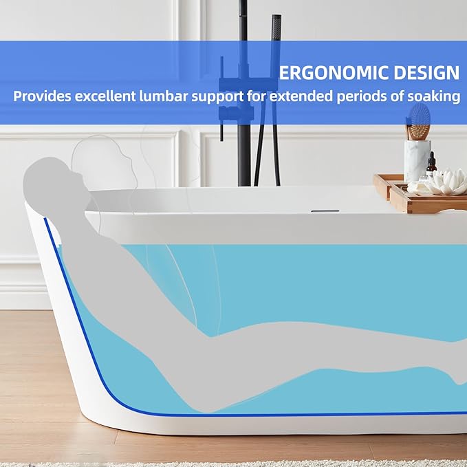 Cpingao 67" Solid Surface Freestanding Bathtub, Modern Oval Stone Resin Stand Alone Soaking Tub with Drain & Overflow, Matte White 8816-1700