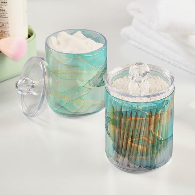 MNSRUU 2 Pack Qtip Holder Organizer Dispenser Modern Art Marble Teal Bathroom Storage Canister Cotton Ball Holder Bathroom Containers for Cotton Swabs/Pads/Floss