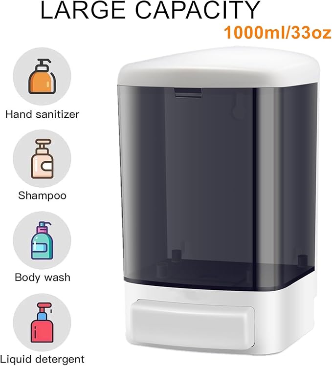 Soap Dispenser Wall Mount 1000ml (33.8oz)–Commercial Heavy-Duty Plastic Liquid Dispenser for Soap,Shampoo,Hand Sanitizer–Manual Pump for Bathroom, Kitchen,Restaurant,Hotel (4 pack-1000ml)