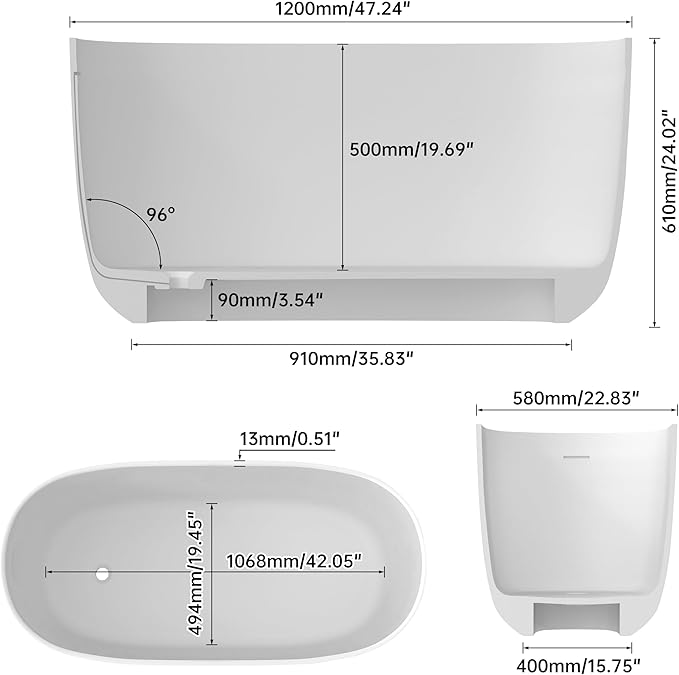 47" Stone Resin Freestanding Bathtub, Oval Solid Surface Bathroom Freestanding Tub, Thin Edge Stand Alone Tub with Integrated Slotted Overflow and Pop-up Drain, Matte White AMG025-1200