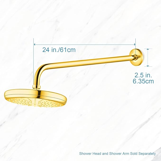 OFFO Shower Arm with Flange, 24 in Bright Gold Wall Mount Replacement Angle Shower Head Arm Wall-Mounted For Fixed Shower Head & Handheld Showerhead
