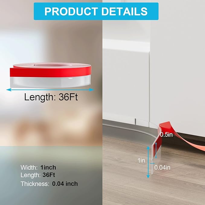 36FT Weather Stripping Door Seal - 1" Silicone Door Draft Seal Tape for Gaps Under Door Weatherstripping Sweep Stopper for Bottom of Shower Door/Sliding Glass Door