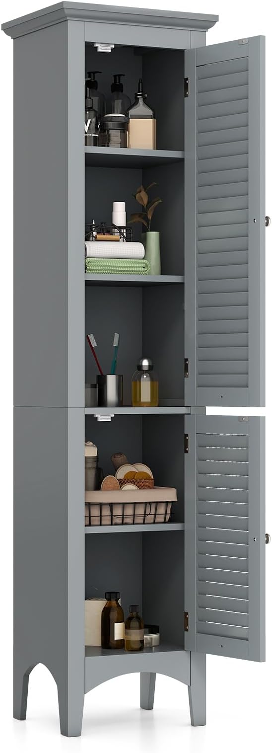 Tangkula 63" Tall Bathroom Storage Cabinet, Freestanding Narrow Linen Tower with Adjustable Shelf, Modern Slim Floor Cabinet with 2 Doors for Bathroom, Living Room, Kitchen (Grey)