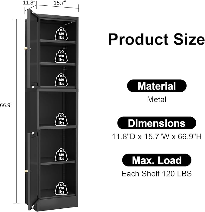 Tall Bathroom Storage Cabinet, Metal Narrow Cabinet with Ajustable Shelves Open Countertop, Slim Pantry Cabinets for Small Spaces, Living Room, Kicthen, Dining Room