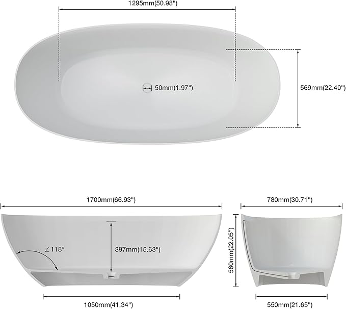 67" Premium Solid Surface Freestanding Bathtubs, Upgraded Matte White Modern Design Stand Alone Stone Resin Tub with Overflow and Pop-up Drain