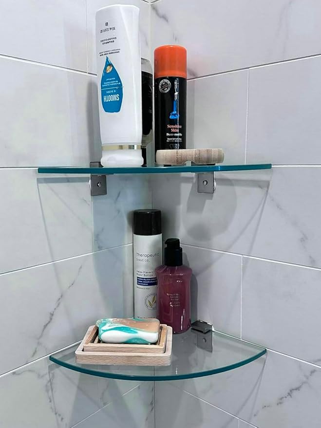 Glass Corner Shower Shelves (2-Pack) - No-Drill Shower Caddy Organizer & Bathroom Storage, Tempered Glass with Rustproof Aluminum Brackets for Inside Shower