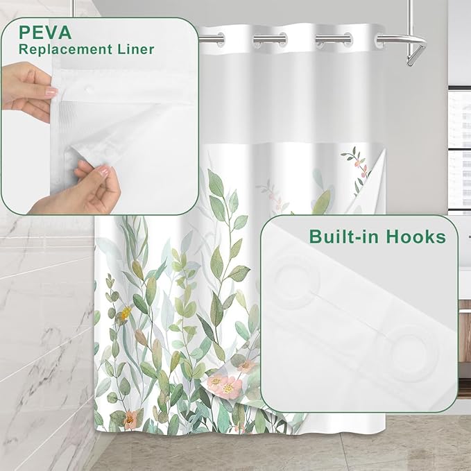 No Hook Shower Curtain Set with Snap in Fabric Liner for Bathroom,with See Through Top Window,Double Shower Curtain with Detachable Liner Replacement,Machine Washable,Green Leaves,71x74inch