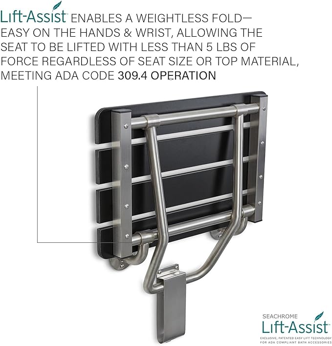 24-inch x 15-inch ADA Folding Wall Mount Bathroom Shower Seat Bench, Black Slatted Phenolic Seat